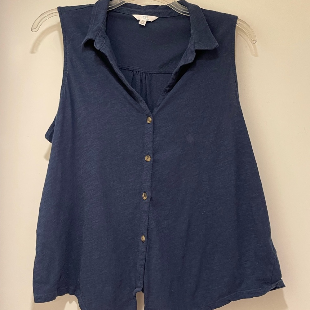 Time And Tru Women's XXL Blue Sleeveless Tie-Bottom Woven Henley Button-up Shirt
